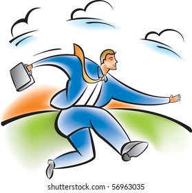 Businessman in a hurry and running over a grassy hill.