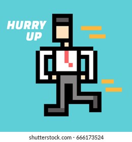 Businessman Is Hurry Up. Pixel Art. Elements Design. Illustration And Icon.