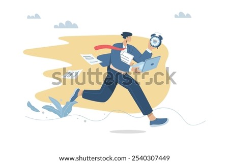 Businessman in a hurry to work on time, Busy business concept, Male employee is running in a hurry and stressed about the time, Time management and work efficiency, Vector design illustration.
