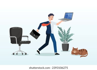 Businessman with hybrid cloth work both from home and office, hybrid work after covid-19 crisis, employee choice to work remotely from home or on site office for best productivity and result (Vector)