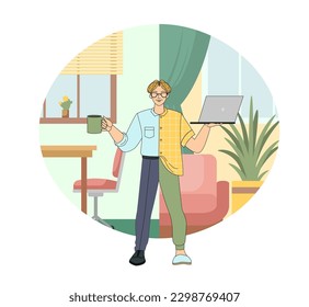A businessman in hybrid clothes, a formal suit and home clothes with a laptop in his hands, against the backdrop of a working office and a homely cozy atmosphere. Vector illustration in cartoon style