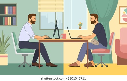 A businessman in a hybrid setting, a formal suit and home clothes works on a laptop, against the backdrop of a working office and a homely cozy atmosphere. Vector illustration in cartoon style