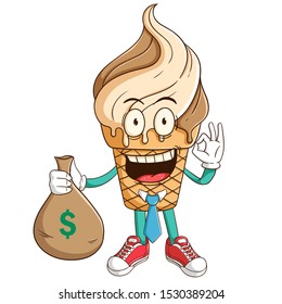 Businessman of ice cream waffle cone cartoon character holding bag full of money with ok hand sign and funny smile face