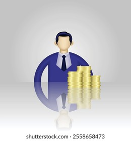 Businessman icon, 3D person icon wearing formal clothes and stack of coins, suitable for business website, online shopping, business account, report, and etc.