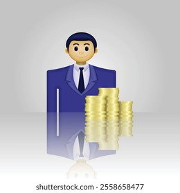 Businessman icon, 3D person icon wearing formal clothes and stack of coins, suitable for business website, online shopping, business account, report, and etc.