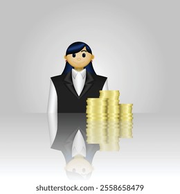 Businessman icon, 3D person icon wearing formal clothes and stack of coins, suitable for business website, online shopping, business account, report, and etc.