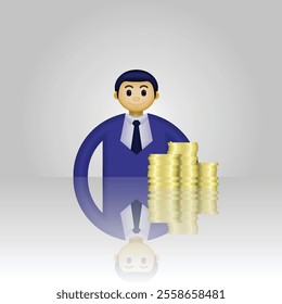 Businessman icon, 3D person icon wearing formal clothes and stack of coins, suitable for business website, online shopping, business account, report, and etc.