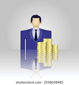 Businessman icon, 3D person icon wearing formal clothes and stack of coins, suitable for business website, online shopping, business account, report, and etc.