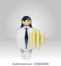 Businessman icon, 3D person icon wearing formal clothes and stack of coins, suitable for business website, online shopping, business account, report, and etc.