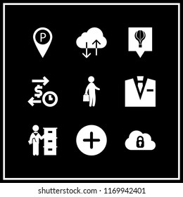 businessman icon. 9 businessman vector set. businessman with handbag standing silhouette, cloud computing, secure cloud and transaction icons for web and design about businessman theme