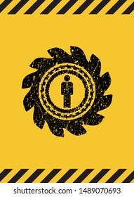 businessman icon black grunge emblem inside yellow warning sign. Vector Illustration. Detailed.