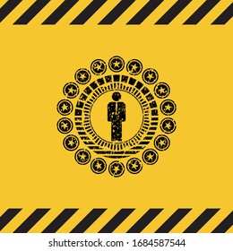 businessman icon black grunge emblem inside yellow warning sign. Vector Illustration. Detailed.