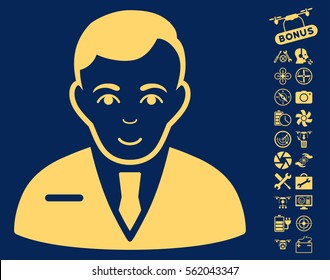 Businessman icon with bonus airdrone service pictograms. Vector illustration style is flat iconic yellow symbols on blue background.