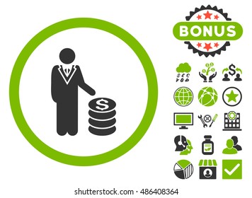 Businessman icon with bonus images. Vector illustration style is flat iconic bicolor symbols, eco green and gray colors, white background.