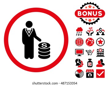 Businessman icon with bonus pictogram. Vector illustration style is flat iconic bicolor symbols, intensive red and black colors, white background.