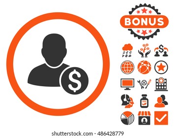 Businessman icon with bonus pictures. Vector illustration style is flat iconic bicolor symbols, orange and gray colors, white background.