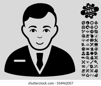 Businessman icon with bonus settings clip art. Vector illustration style is flat iconic black symbols on light gray background.