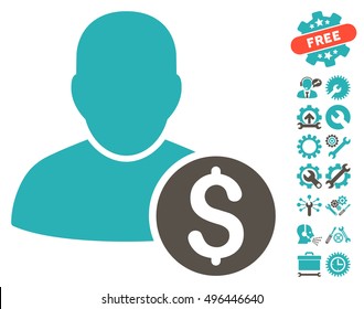 Businessman icon with bonus tools graphic icons. Vector illustration style is flat iconic bicolor symbols, grey and cyan colors, white background.
