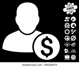 Businessman icon with bonus tools pictures. Vector illustration style is flat iconic symbols, white color, black background.