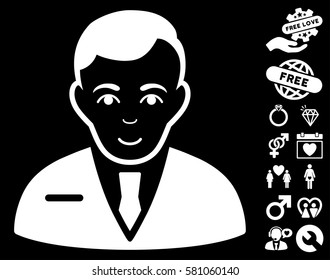 Businessman icon with bonus valentine images. Vector illustration style is flat iconic white symbols on black background.