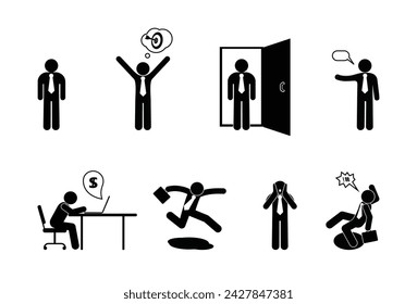 businessman icon, business symbol set, making money, man in office at work, stick figure human silhouette