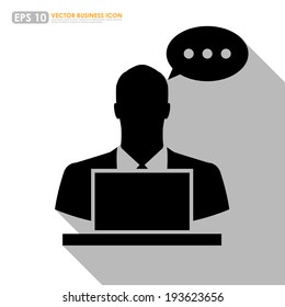 Businessman icon with computer and speech bubble on white background