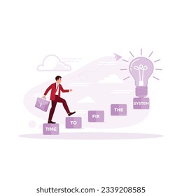 Businessman icon. Effort and time to fix the system concept. a businessman walks on a beam that says time to fix the system. Trend Modern vector flat illustration