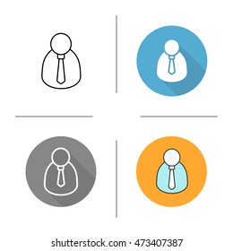 Businessman icon. Flat design, linear and color styles. Manager. Man in shirt and tie. Isolated vector illustrations