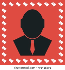Businessman icon flat. Simple black pictogram on red background with white hearts for valentines day. Vector illustration symbol