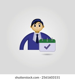 Businessman icon, image of a person wearing formal clothes and a calendar with a check mark, employee attendance icon, suitable for use on websites, businesses, applications, calendars, and etc.