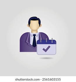 Businessman icon, image of a person wearing formal clothes and a calendar with a check mark, employee attendance icon, suitable for use on websites, businesses, applications, calendars, and etc.