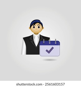 Businessman icon, image of a person wearing formal clothes and a calendar with a check mark, employee attendance icon, suitable for use on websites, businesses, applications, calendars, and etc.