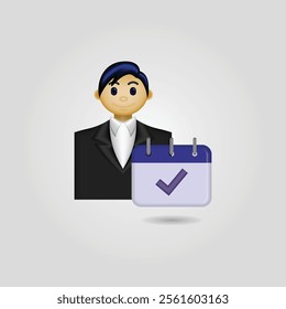 Businessman icon, image of a person wearing formal clothes and a calendar with a check mark, employee attendance icon, suitable for use on websites, businesses, applications, calendars, and etc.