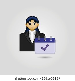 Businessman icon, image of a person wearing formal clothes and a calendar with a check mark, employee attendance icon, suitable for use on websites, businesses, applications, calendars, and etc.