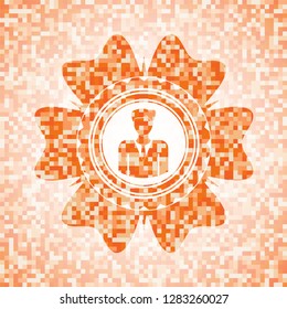businessman icon inside abstract orange mosaic emblem with background