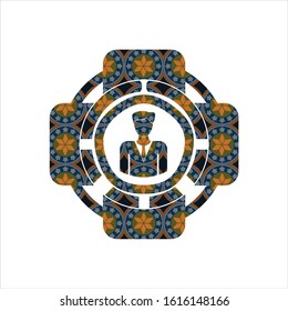 businessman icon inside arabic style emblem. Arabesque decoration.