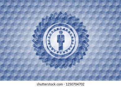 businessman icon inside blue badge with geometric pattern background.