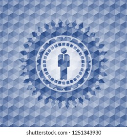 businessman icon inside blue badge with geometric background.