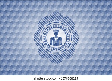 businessman icon inside blue badge with geometric pattern.