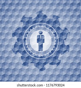 businessman icon inside blue emblem or badge with abstract geometric polygonal pattern background.