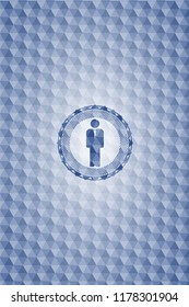 businessman icon inside blue emblem or badge with abstract geometric polygonal pattern background.