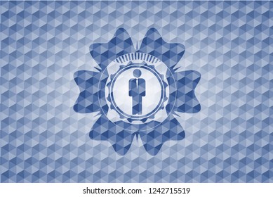 businessman icon inside blue hexagon emblem.