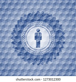 businessman icon inside blue hexagon badge.
