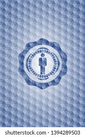 businessman icon inside blue hexagon badge.