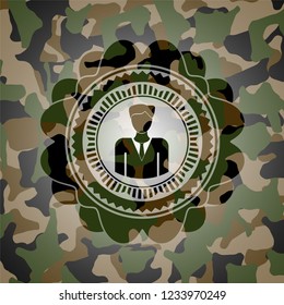 businessman icon inside camo emblem