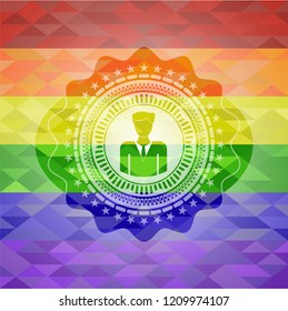 businessman icon inside emblem on mosaic background with the colors of the LGBT flag