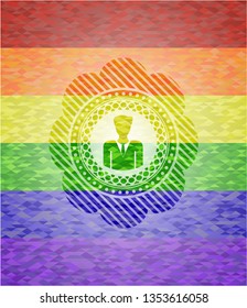 businessman icon inside emblem on mosaic background with the colors of the LGBT flag