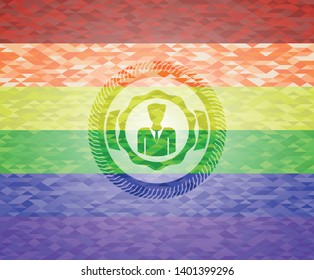 businessman icon inside emblem on mosaic background with the colors of the LGBT flag