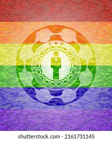 businessman icon inside emblem on mosaic background with the colors of the LGBT flag. 