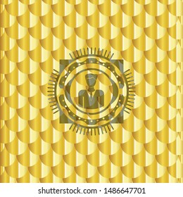 businessman icon inside gold emblem or badge. Scales pattern. Vector Illustration. Detailed.